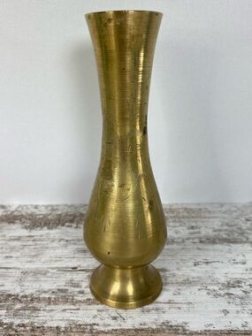 Vintage Brass Bud Vase Etched Mid Century Boho India 6”